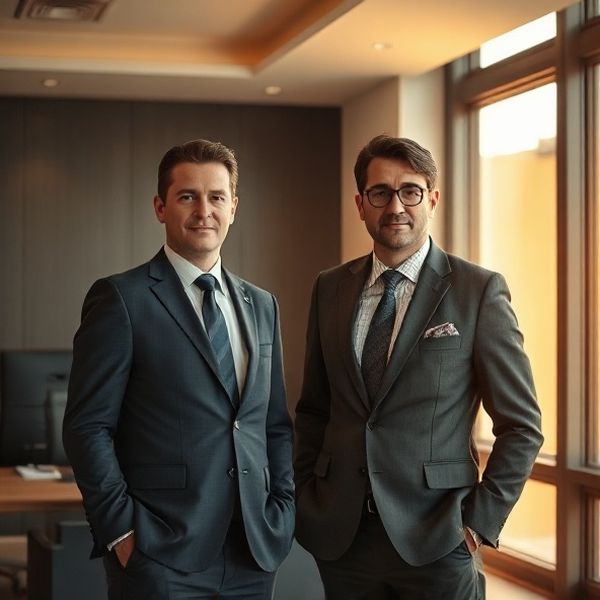 Doi consultanți fiscali în ținută formală, într-un birou în tonuri de cărbune și auriu