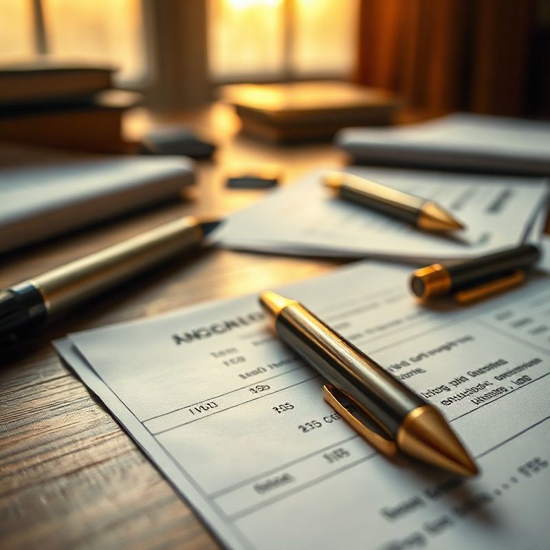 Documente financiare și un stilou cu vârf auriu pe un birou de lemn întunecat